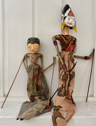 Pair Of Wayang Javanese & Golek Balinese Wood Stick Puppets Marionettes Hand Painted