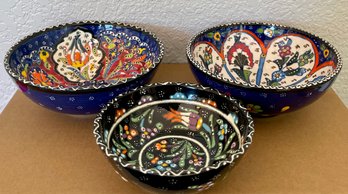 (3) Handmade Turkish Raised Textured Hand Painted Bowls