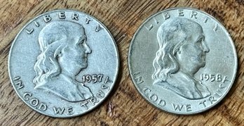 2 Benjamin Franklin Silver Half Dollar Coins - 1957 & 1958