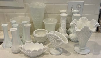 Lot Of Milk Glass Vases, Compotes, Fan, Fenton Ruffled Hobnail Vase, Candle Holders, And More