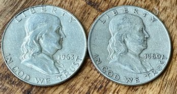 2 Benjamin Franklin Silver Half Dollar Coins - 1960 & 1963