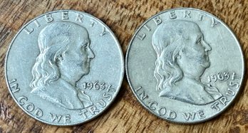 2 Benjamin Franklin Silver Half Dollar Coins - 1963