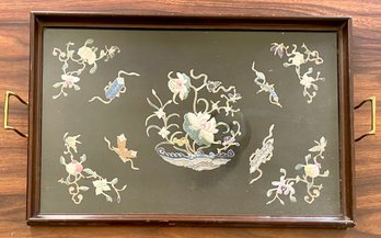 Wood And Brass Handled Serving Tray With Embroidered Chinese Textile Under Glass