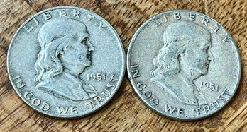 2 Benjamin Franklin Silver Half Dollar Coins - 1951