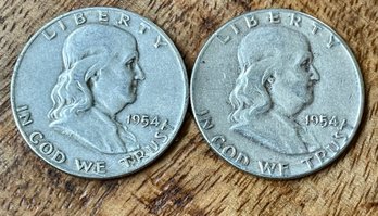 2 Benjamin Franklin Silver Half Dollar Coins - 1954