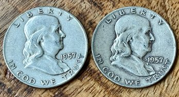 2 Benjamin Franklin Silver Half Dollar Coins - 1957
