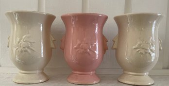 3 Vintage McCoy Pottery Bird In Nest Pink & Ivory Handled Vases