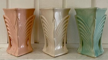 3 Vintage McCoy Pottery Art Deco 9' Handled Vases - Ivory - Teal & Pink