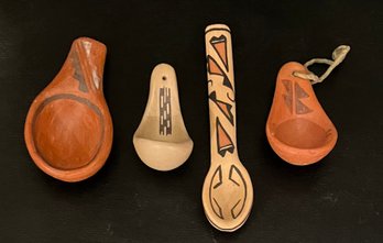 (4) Miniature Hand Made Pottery Spoons And Ladles - (1) Signed Kaiani Schachu Zuni