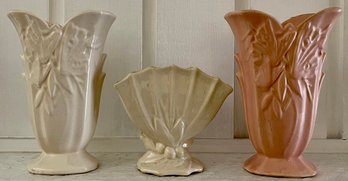 A Pair Of Nelson McCoy Pottery Matte Finish Butterfly Vases & A 1940's Berry & Leaf Pattern Fan Vase