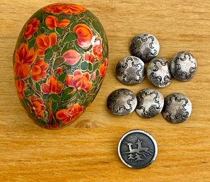 (7) Vintage Sterling Silver Stamped Buttons And (1) Deer Button Fetco Cashmere India Hand Painted Egg