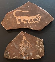 (2) Hand Etched Petroglyphs Mountain Lion And Kokopelli