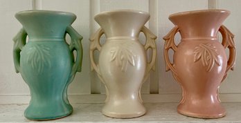 (3) 1946 McCoy Pottery Matte Finish Handled Vases - Ivory - Green & Pink Mid Century