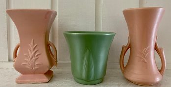 2 1940's McCoy Pottery Matte Pink Double Handled Vases & A Haeger Matte Green Plant Pot