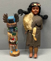 Vintage Signed Hand Carved And Painted Wood Crow Mother Kachina With Plastic And Leather Native American Doll