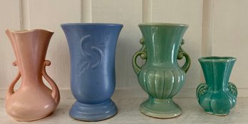 4 Vintage Pottery Vases - 2 Green Glaze USA - (1) Pink Matte Red Wing & (1) Blue Matte