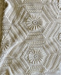 Hand Crocheted White Hexagon Sunflower Popcorn Motif Bedspread Coverlet
