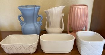 6 Pieces Of Vintage Pottery - USA & Brush - 3 Matte Finish Vases & 3 Off White Planters