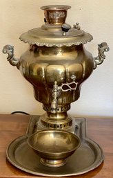 Stunning Antique Brass Russian Samovar With Brass Serving Tray And Brass Drip Bowl