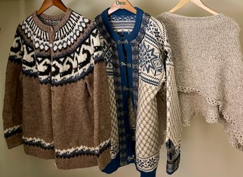 (2) Vintage Hand Made Wool Ladies Size M - L Sweaters And (1) Poncho (as Is)