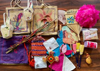 Collection Of Vintage Mexico Children's - Wicker Woven Bags, Fans, Canes, Broom, Pencils, Woven Bags, And More