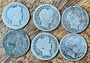 6 Silver Barber Dime Coins - 1912 - 13 - 03 - 11