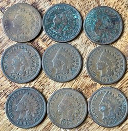 9 Indian Head Penny Coins - 1881 - 1896