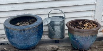 2 Vintage Pottery Outdoor Pot Plants And A Vintage Tin Watering Can