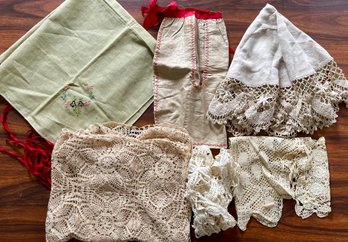 Antique Hand Crocheted And Tatted Lace And Linen Table Covers, Doilies, Aprons, And More