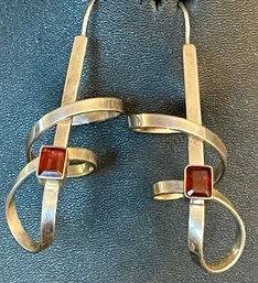 Sterling Silver And Garnet Modern Twist Earrings - Total Weight - 18.1 Grams
