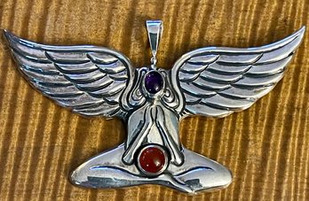 Sterling Silver, Amethyst & Carnelian Isis Winged Goddess Pendant - Total Weight - 18.4 Grams