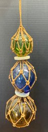 Green, Blue, And Amber Glass Fishing Float Macrame Wall Hanging