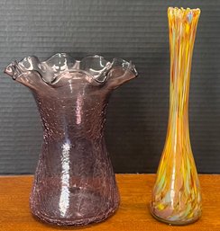 Vintage Amethyst Crackle Glass Vase With 11' Confetti Art Glass Bud Vase