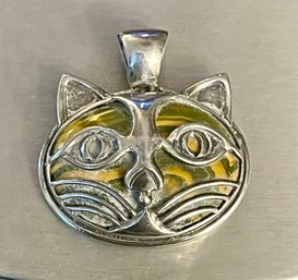 Sterling Silver And Ocean Jasper Cat Face Pendant - Total Weight - 10.8 Grams