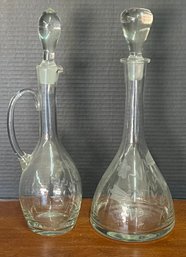 (2) Vintage Clear Etched Glass Decanters With Stoppers