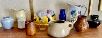 Vintage Pitcher, Vase,  And Planter Lot - Limoges, Frankoma, Carved Stone India, Teak, And More