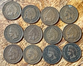12 Indian Head Penny Coins - 1907 - 1908