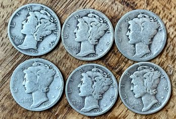 6 Silver Mercury Dimes 1935 - 1939