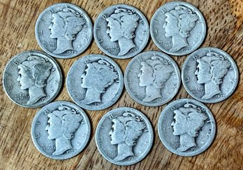 10 Silver Mercury Dime Coins - 1916 - 1929