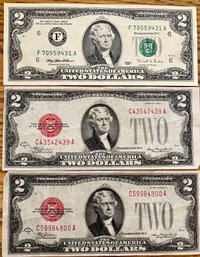 (3) Two Dollar Bills (2) Red Stamp Series Of 1928d And 1 Green Stamp 1995