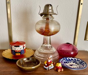 Antique Oil Lamp, Lacquer 2 Tier Chinese Box, Lacquer Plate, Art Glass Vase, And More