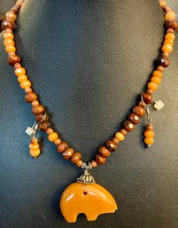 Gorgeous Mahogany Obsidian & Aventurine Carved Bear & Bead 16' Necklace & Matching Earrings