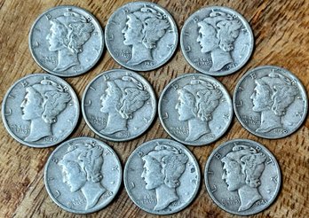 10 Silver Mercury Dime Coins 1940 - 1944