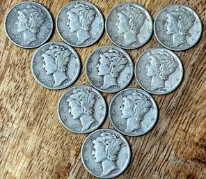 10 Silver Mercury Dime Coins 1943 - 1945