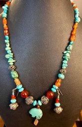 Sterling Silver - Carnelian & Turquoise Carved Bear & Bead 18 Inch Necklace & Matching Earrings