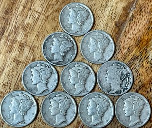 10 Silver Mercury Dime Coins -1940 - 1945