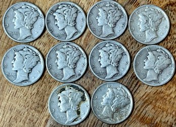 10 Silver Mercury Dime Coins - 1938 - 1944