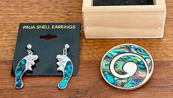 Inzspired Superior New Zealand Gifts - Abalone Silver Tone Pendant And Paua Shell Earrings With Wood Box