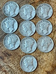 10 Silver Mercury Dime Coins 1940 - 1943