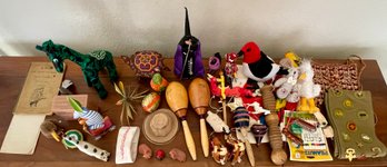 Large Lot Of International Toys And Souvenirs - Maracas, Tops, Stuffed Toys, Scout Badges, And More